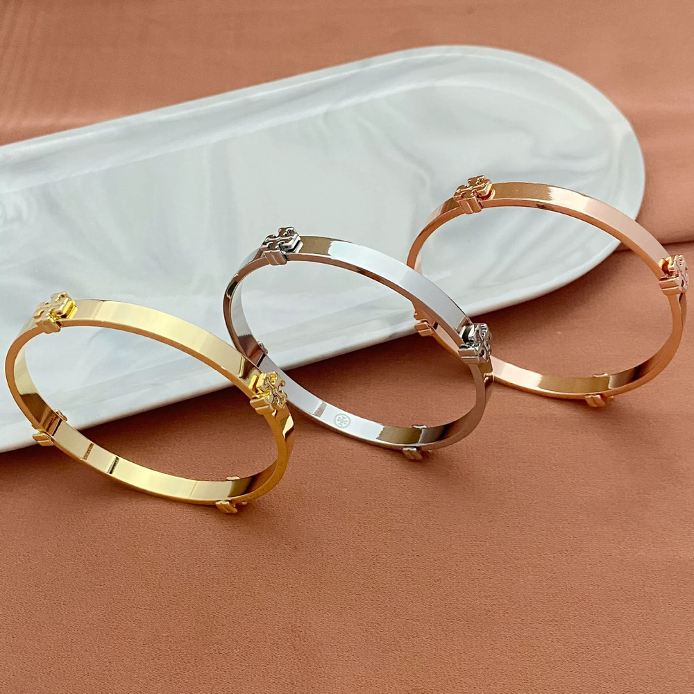 Tory Burch Geometric Circle Letter Inlay Bangle Metal